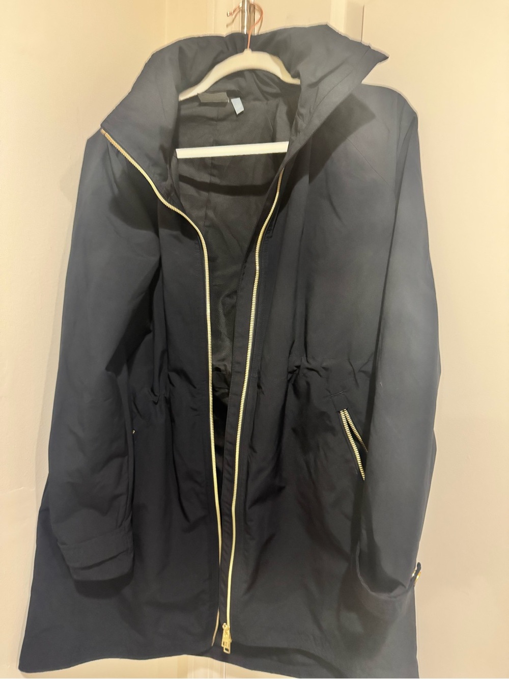 Athleta Navy Hooded Trench Coat with Gold Zippers